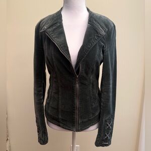 BNCI Women's Dark Green/Gray Velvet Suede Moto Jacket Lace Up Zip Pockets